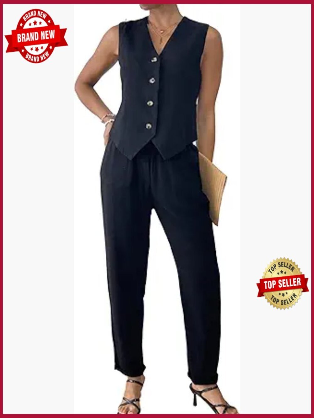 Linen Blend 2 Piece Vest and Pants Suit Business Casual Set
